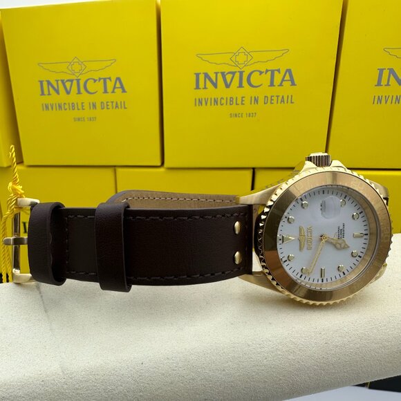 NEW Invicta Pro Diver White Luminous Dial Gold Bezel Leather Strap Watch - Picture 6 of 7